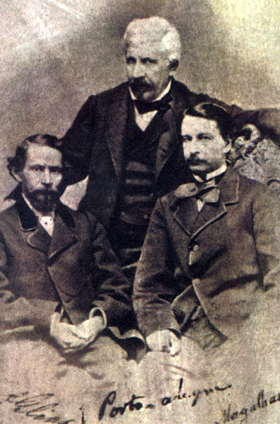 Retrato de Gonçalves Dias (à esquerda), Manuel de Araújo Porto-Alegre (centro) e Gonçalves de Magalhães (à direita), pioneiros do romantismo brasileiro.