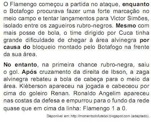 Dois parágrafos de um texto que narra uma parte do jogo final do Campeonato Carioca de futebol, com cinco operadores argumentativos destacados.