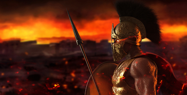 Representação de um guerreiro, com armadura e capacete, segurando lança e escudo em um campo de batalha.