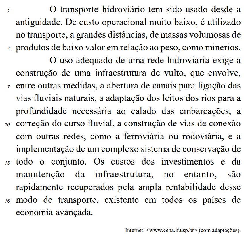 Texto sobre o transporte hidroviário para resolução de questão sobre adjetivo.