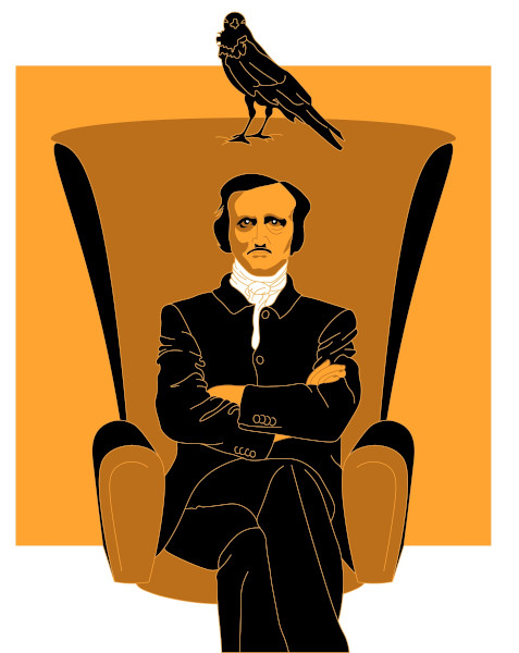 Ilustração traz Edgar Allan Poe sentado sobre poltrona e um corvo pousado sobre essa poltrona.