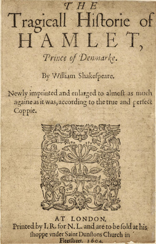 Contracapa da edição de 1604 de “Hamlet”, uma das tragédias mais famosas de William Shakespeare.