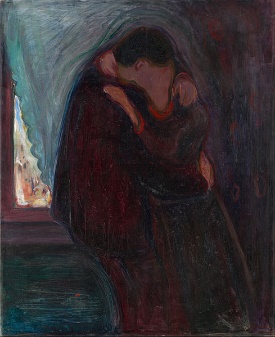 Pintura retratando um homem e uma mulher se beijando, intitulada O beijo, em um exercício sobre expressionismo.