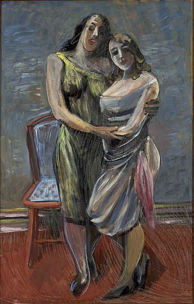 Duas mulheres abraçadas em uma pintura expressionista chamada Duas amigas.