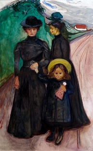 Pintura retratando duas mulheres e uma criança, intitulada A família, em um exercício sobre expressionismo.