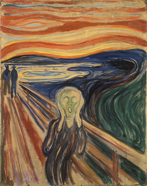 Figura distorcida de uma pessoa gritando com as mãos no rosto, sobre uma ponte, em uma pintura expressionista.