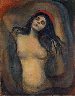 Pintura retratando uma mulher sem roupa, intitulada Madonna, em um exercício sobre expressionismo.