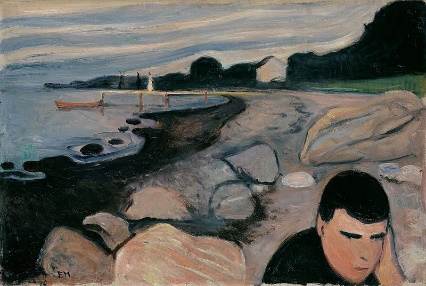Pintura retratando um homem triste, próximo a um barco, intitulada Melancolia, em um exercício sobre expressionismo.