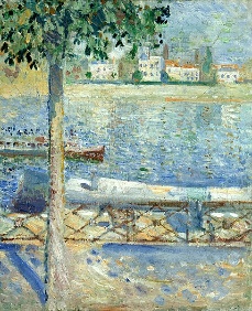 Pintura retratando um barco no rio, intitulada O Sena em Saint-Cloud, em um exercício sobre expressionismo.