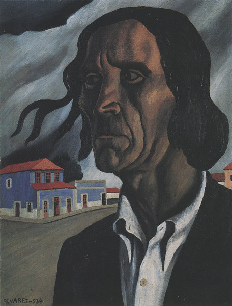Homem retratado em pintura de Dominguez Alvarez, obra com estética modernista.
