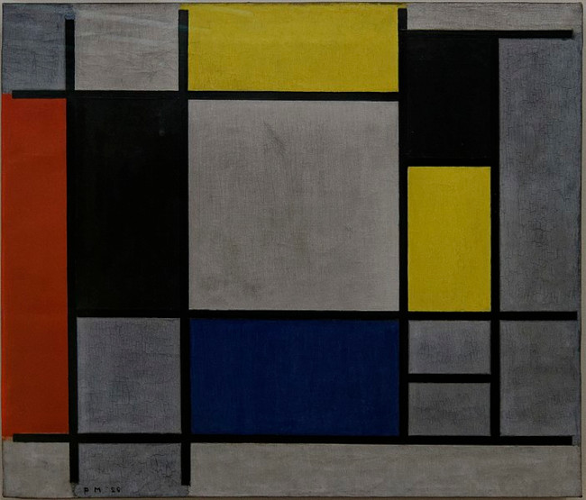 Quadros coloridos e cinzas em obra de Mondrian vinculada ao modernismo.