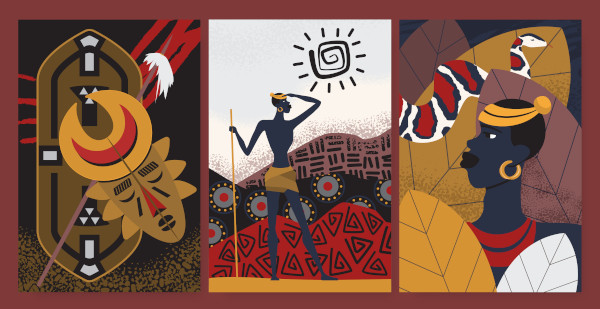 Ilustrações de pessoas e símbolos africanos em alusão à literatura africana.