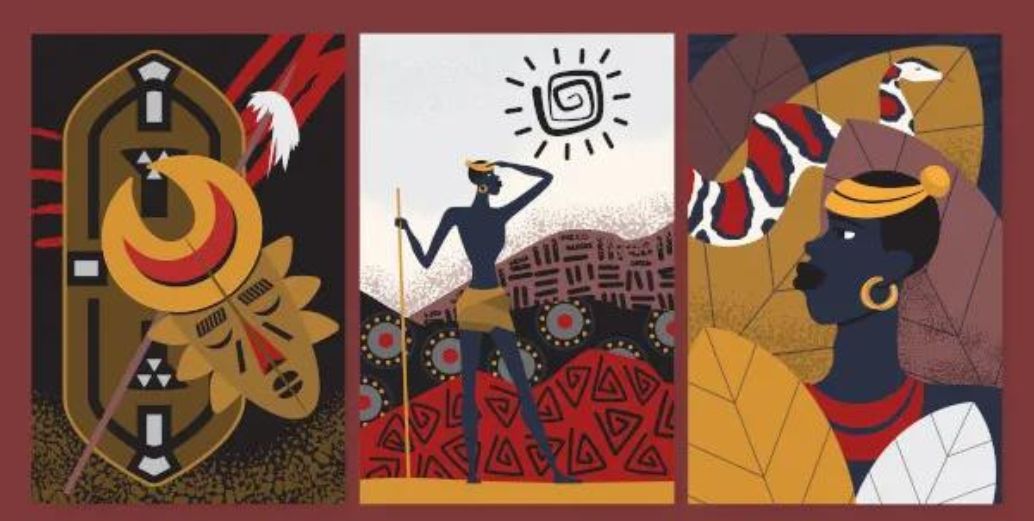 Gravura com símbolos africanos em cores vermelho, marrom e amarelo.