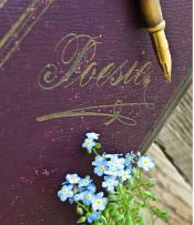 Livro de poesia na cor vinha, uma caneta e ramo de flores