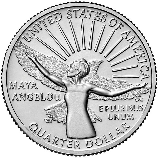 Verso da moeda dos Estados Unidos que homenageia Maya Angelou.