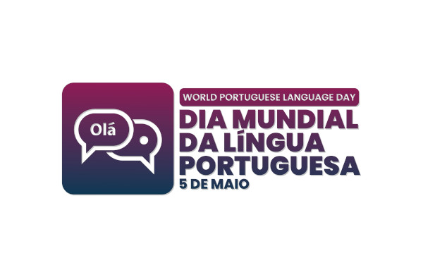 Imagem com o escrito “5 de maio — Dia Mundial da Língua Portuguesa”.