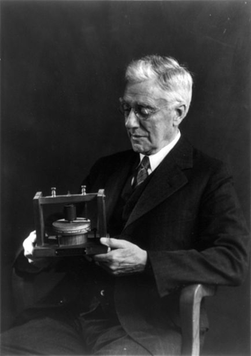 Thomas Watson, assistente de Graham Bell, segurando o modelo do primeiro telefone inventado por Bell. 