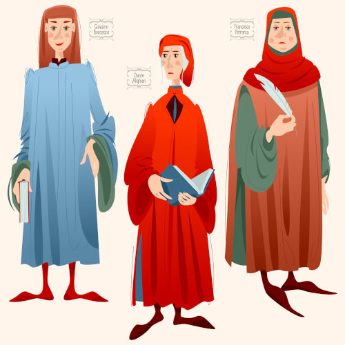 Giovanni Boccaccio, Dante Alighieri e Francesco Petrarca, autores que são exemplos do humanismo na literatura.