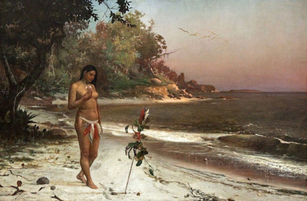 Mulher indígena caminhando na praia, pintura que faz alusão à obra “Iracema”, da primeira fase do romantismo.