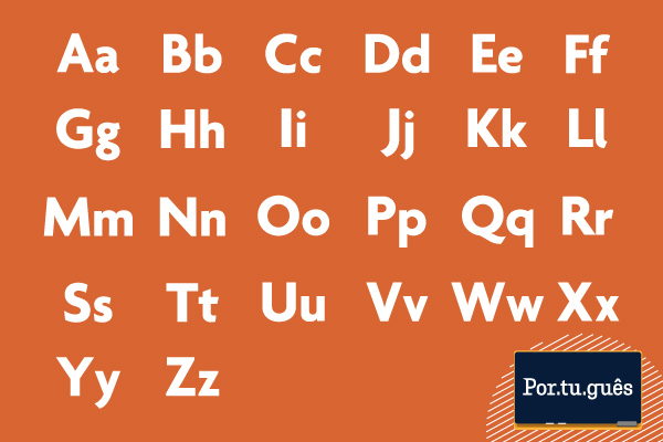 Alfabeto da língua portuguesa com as letras maiúsculas e minúsculas de A a Z.