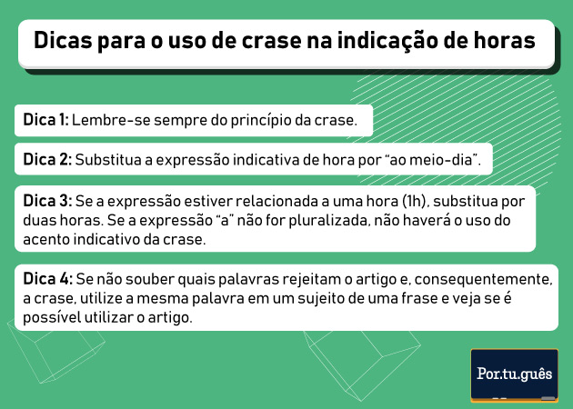 Dicas para o uso de crase na indicação de horas.
