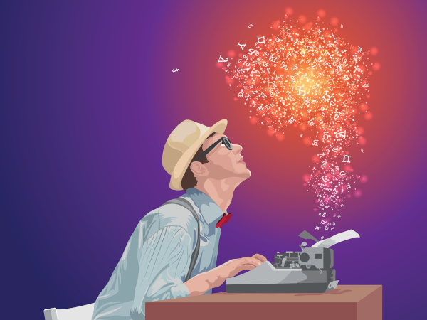 O fluxo de consciência é uma técnica narrativa que permite ao leitor acessar a consciência do personagem. Ilustração traz um escritor diante de máquina de escrever fazendo um fluxo de consciência.