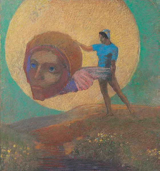 Figura carregando uma cabeça alada, de Odilon Redon.