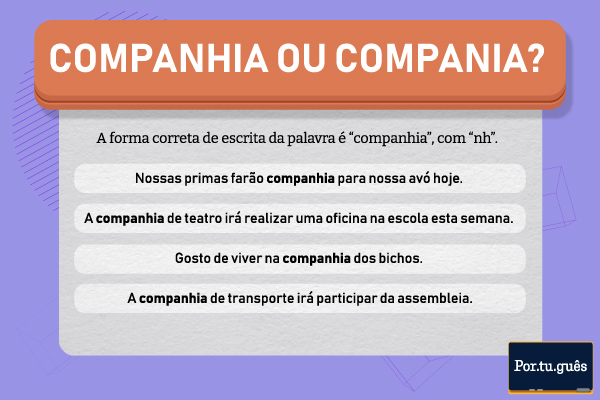 Imagem indicando que, na dúvida entre “companhia e companhia”, a grafia correta é “companhia”, com “nh”.