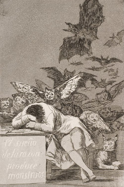 Homem dormindo cercado por corujas, uma ideia do macabro, característica da segunda geração do romantismo.