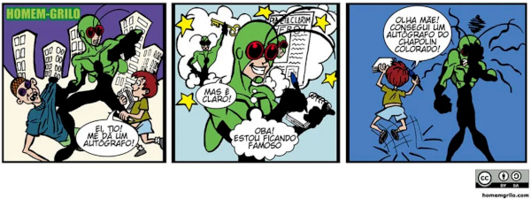 Tirinha do Homem Grilo, um exemplo de linguagem mista (linguagem verbal + linguagem não verbal).