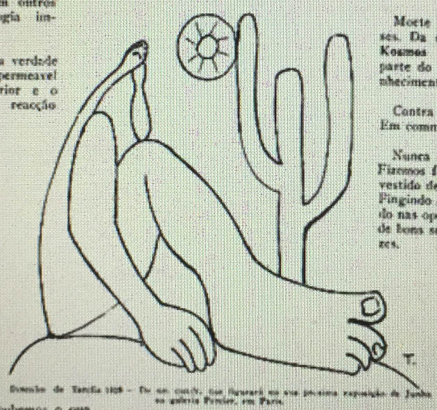 Reprodução da obra Abaporu, de Tarsila do Amaral, em detalhe do manifesto do movimento antropofágico.