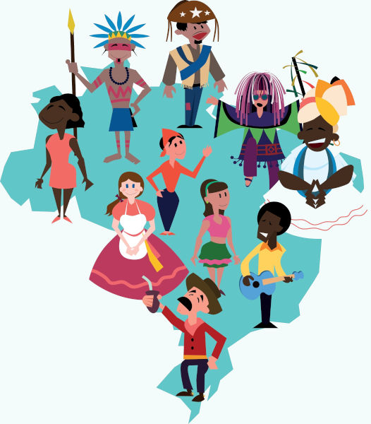 Mapa do Brasil com diferentes personagens da cultura brasileira em texto sobre movimento antropofágico.
