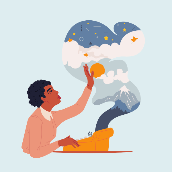 Ilustração de uma mulher criando uma história ou narração em uma máquina de escrever.