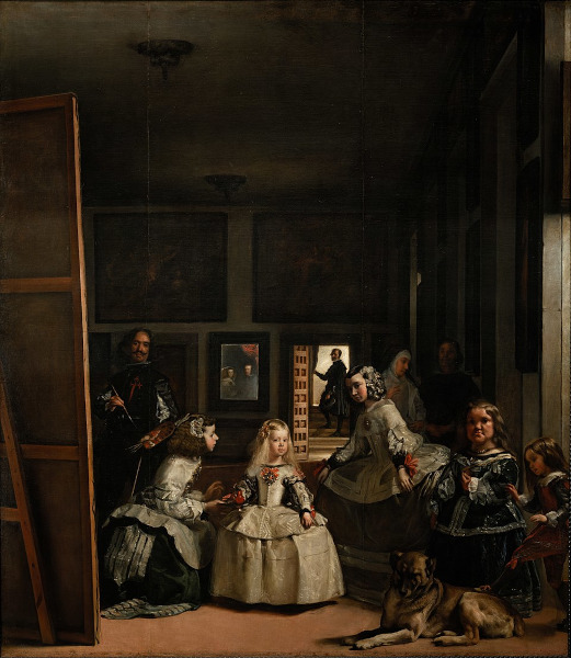 pintura retrata um pintor pintando a si mesmo diante de uma grande tela, um exemplo de metalinguagem.