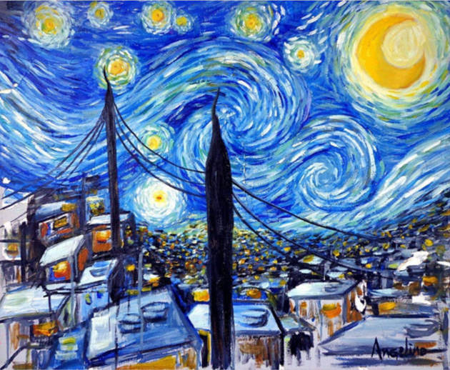 Noite Favelada, de Ju Angelino, releitura da obra de Van Gogh, exemplo de intertextualidade.