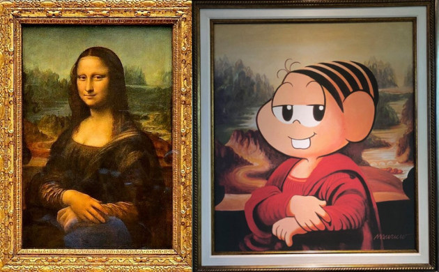 Retrato da Mona Lisa e da Mônica imitando a Mona Lisa, exemplos de intertextualidade.