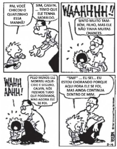 História em quadrinhos do Calvin em exercício do Quadrix sobre sujeito e sobre predicado.