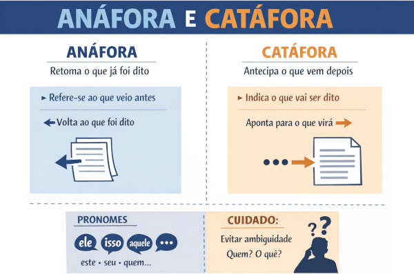 Esquema ilustrativo mostra a diferença entre anáfora e catáfora.