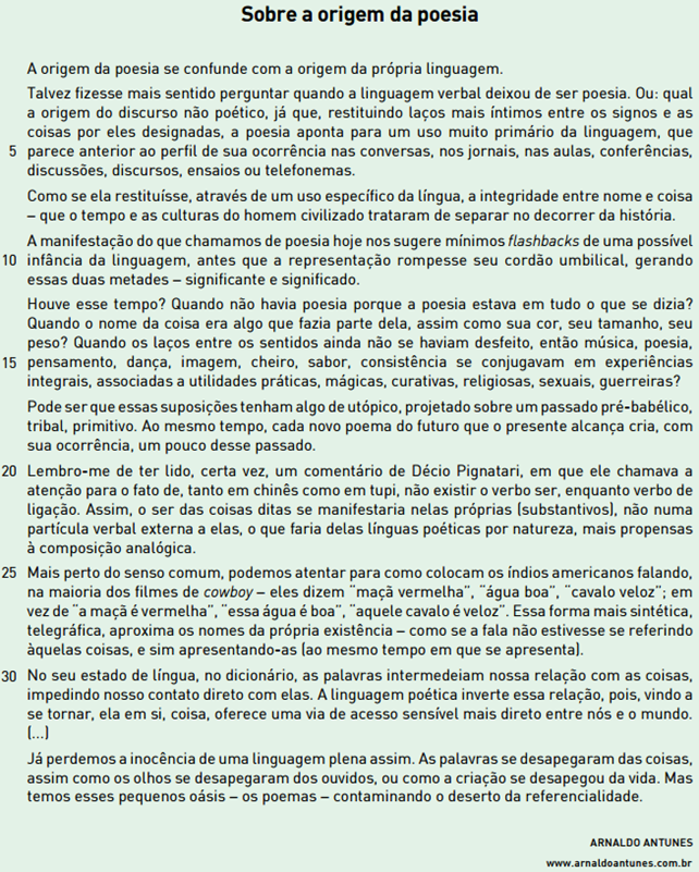 Texto &ldquo;Sobre a origem da poesia&rdquo;, de Arnaldo Antunes, em quest&atilde;o sobre cat&aacute;fora.