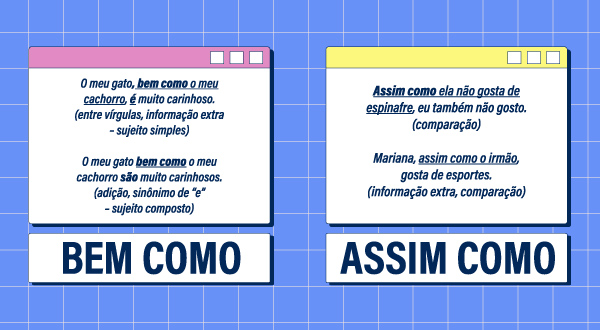 Exemplos de frases com “bem como” e “assim como”.