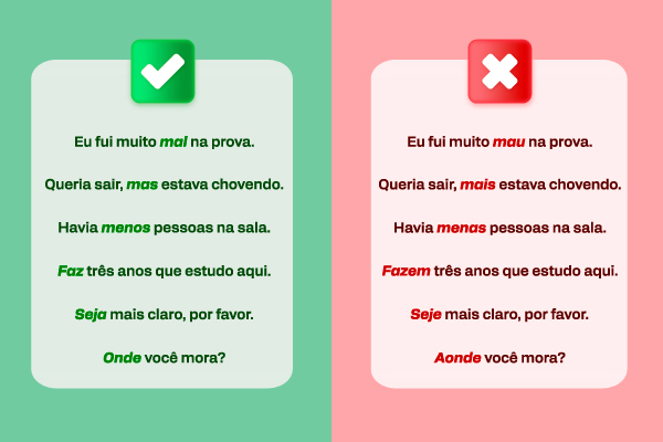 Dois quadros com exemplos de frases com os erros de português mais comuns.