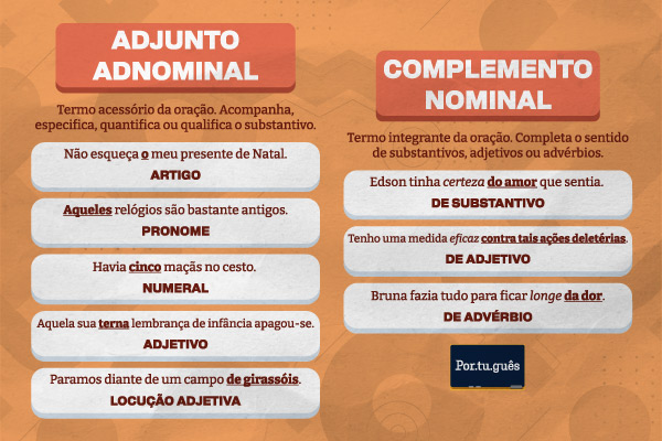 Conceito e exemplo de frases com adjunto adnominal e complemento nominal.